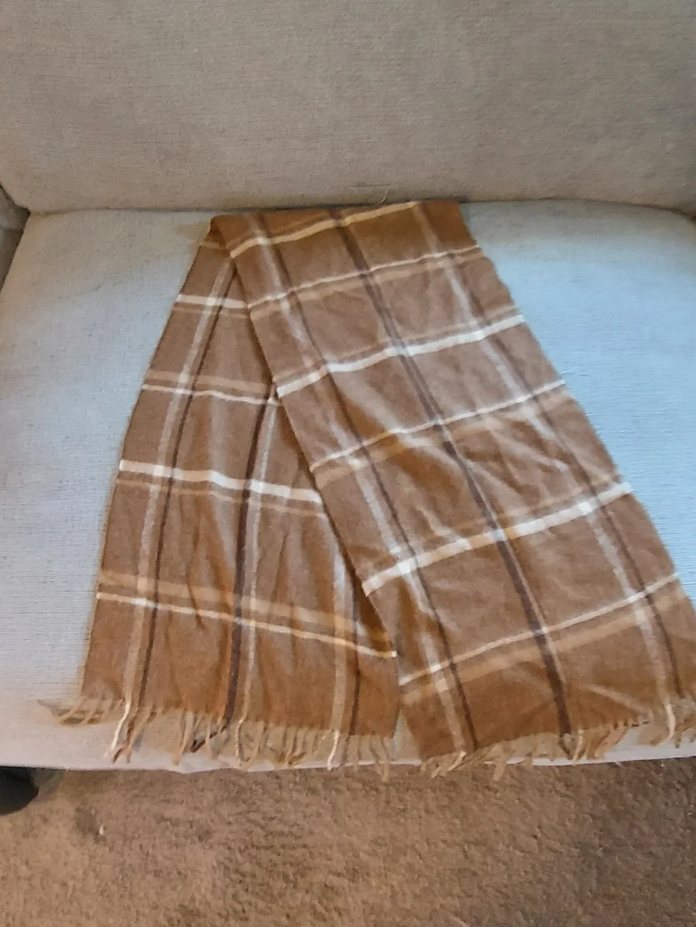 Vintage The Denver Camel Hair Plaid Scarf Made West Germany Tan Brown Fringe